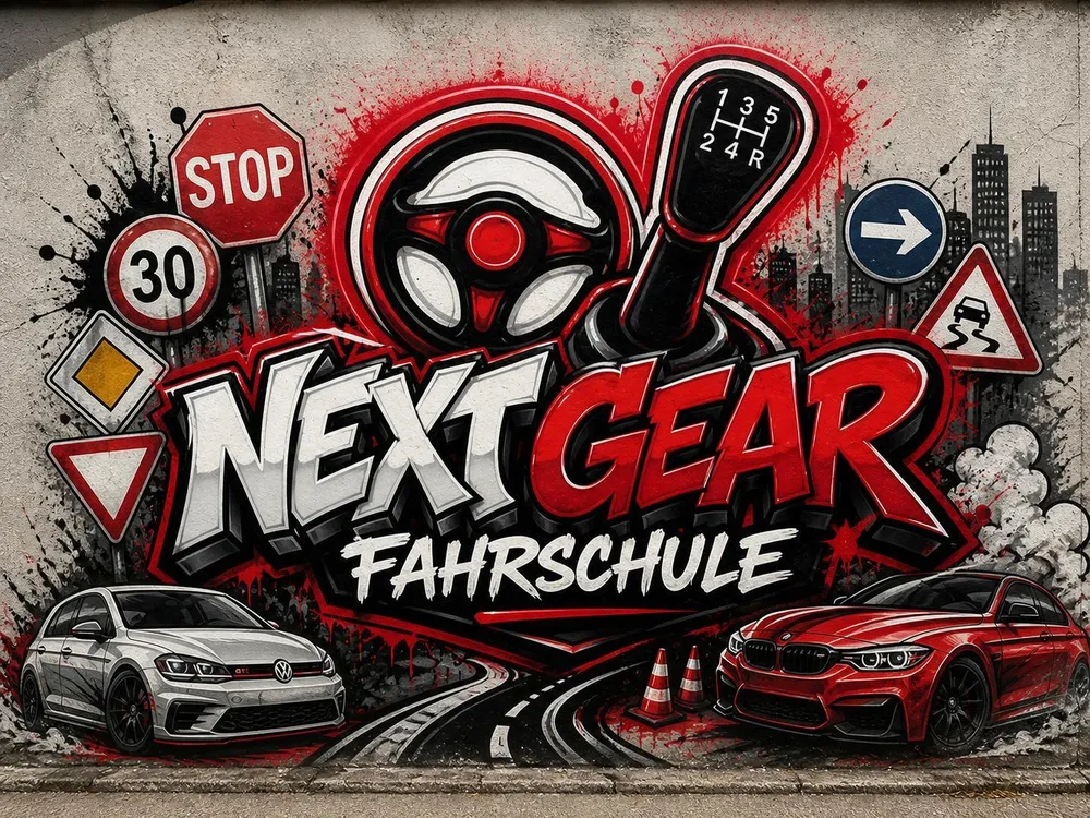 Next Gear Fahrschule Wandbild mit Lenkrad, Schaltknauf, Verkehrszeichen und zwei Fahrzeugen